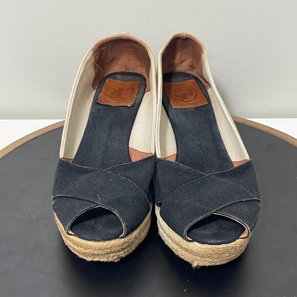 Tory Burch Espadrille Shoes Women 9‎ B Filipa Black Beige Canvas Peep Toe Wedge - Picture 3 of 12